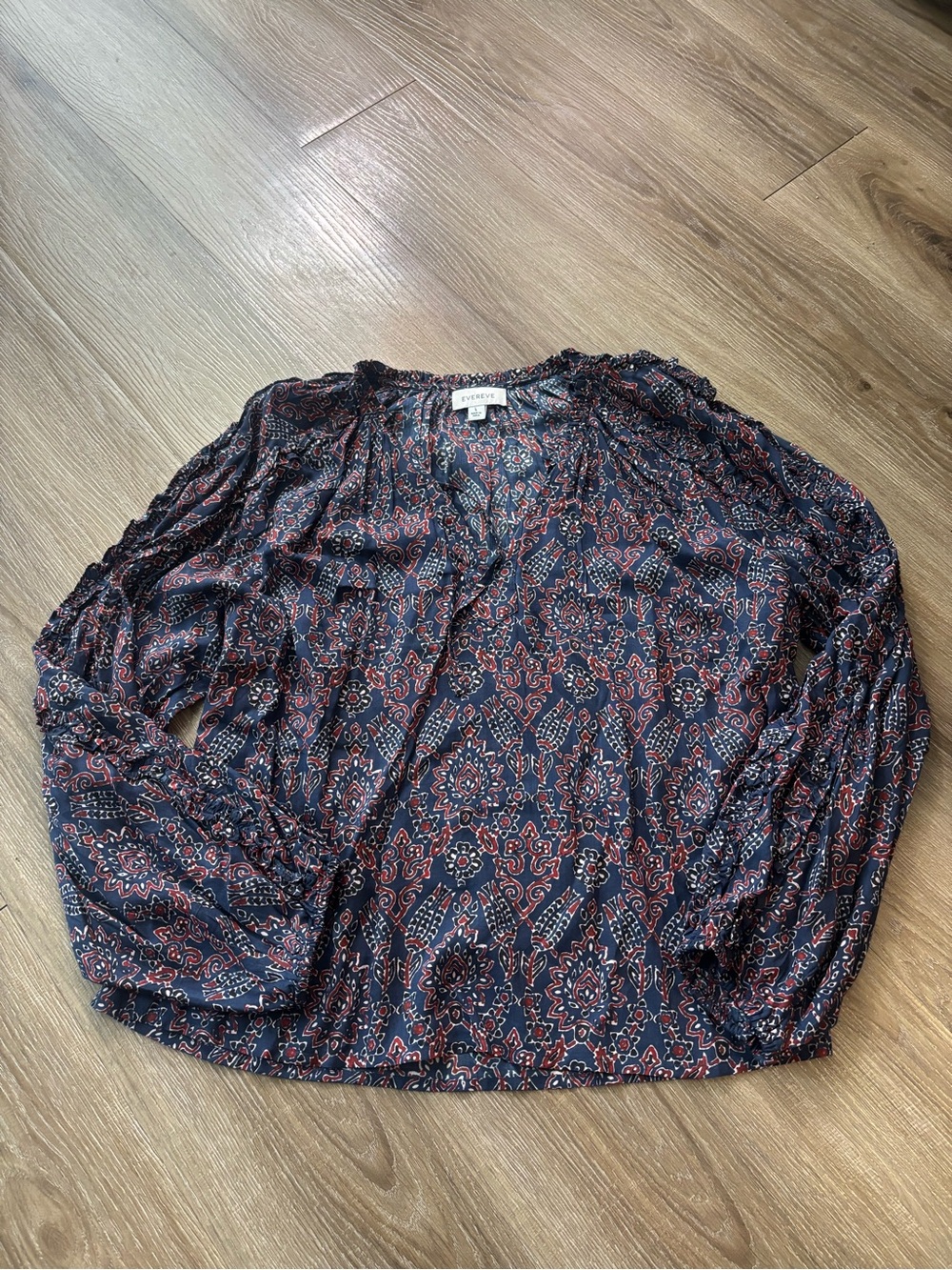 Evereve Navy and Red Printed Long-Sleeve Blouse